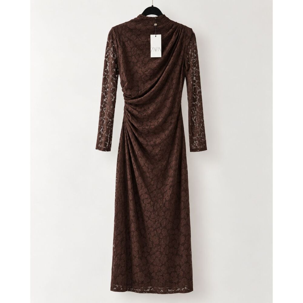 Zara Brown Pointelle Lace Draped Midi Dress NWT Size M